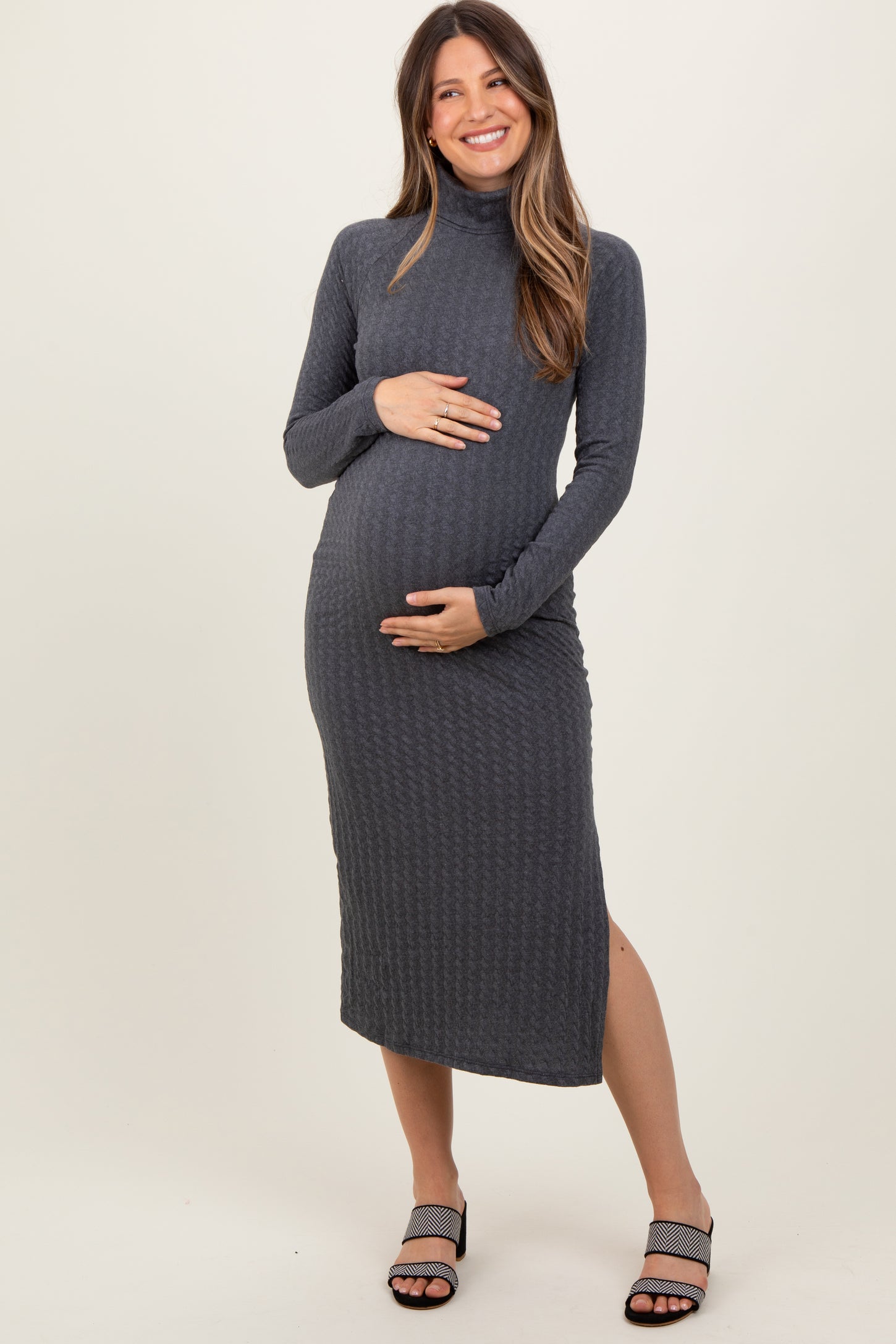 Charcoal Cable Knit Turtleneck Maternity Midi Sweater Dress PinkBlush Charcoal Cable Knit Turtleneck Maternity Midi Sweater Dress PinkBlush