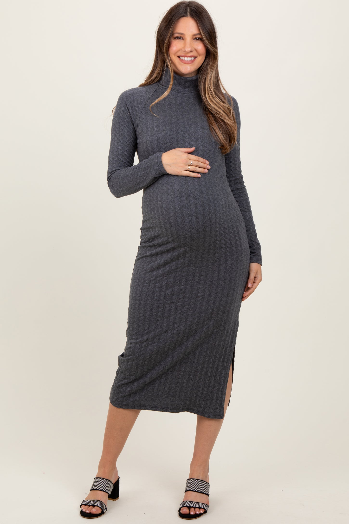 Charcoal Cable Knit Turtleneck Maternity Midi Sweater Dress Charcoal Cable Knit Turtleneck Maternity Midi Sweater Dress
