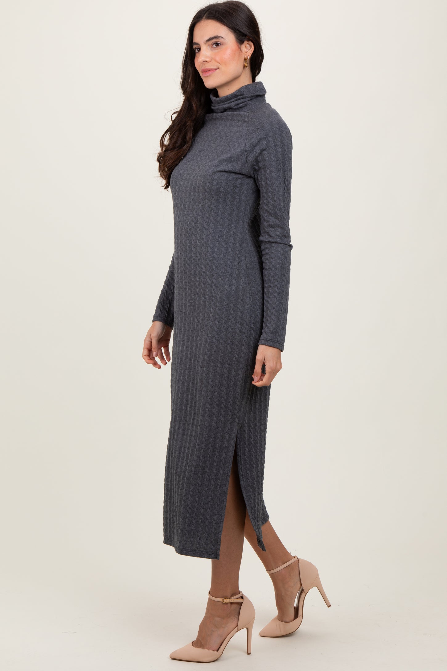 Charcoal Cable Knit Turtleneck Midi Sweater Dress Charcoal Cable Knit Turtleneck Midi Sweater Dress