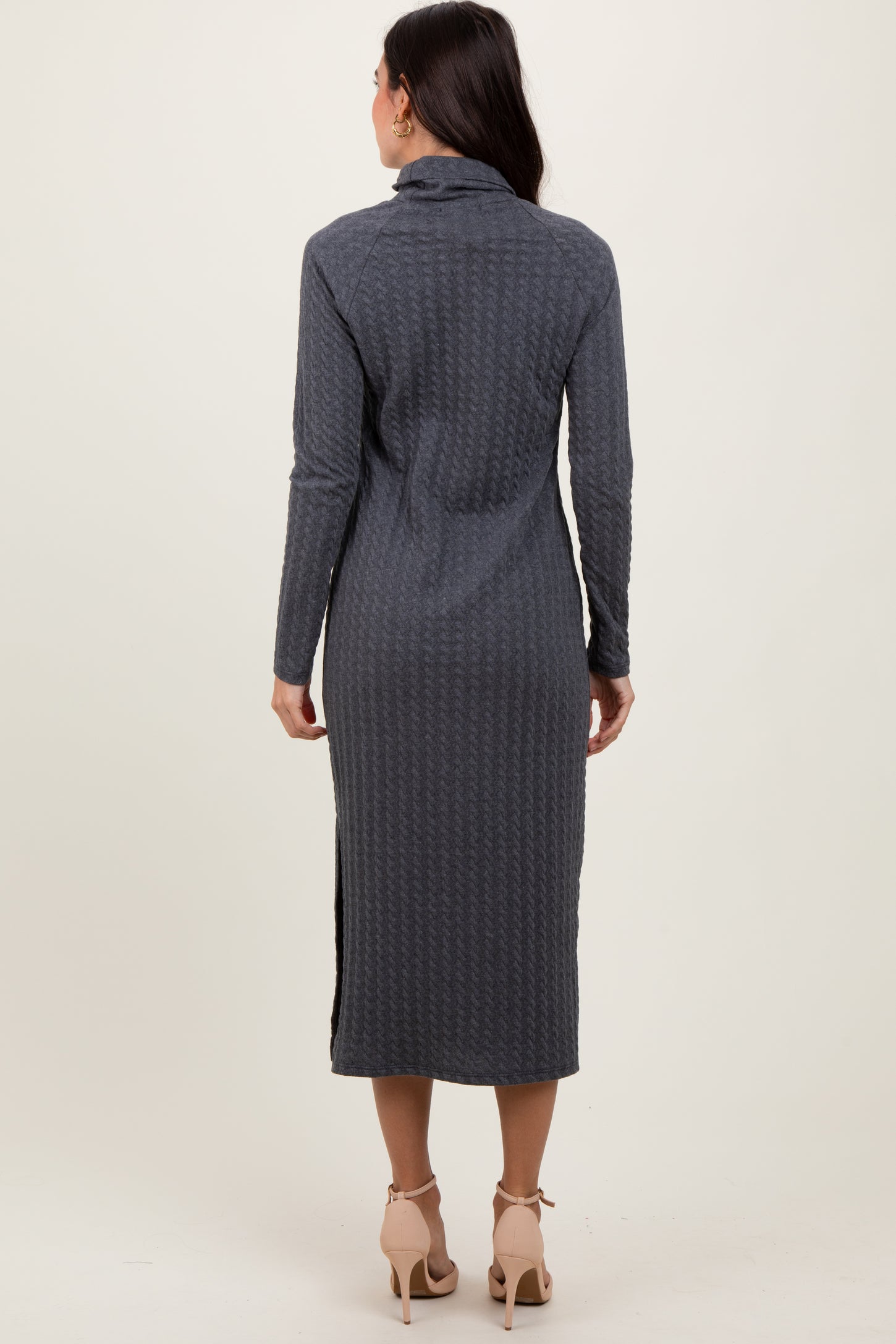 Charcoal Cable Knit Turtleneck Midi Sweater Dress Charcoal Cable Knit Turtleneck Midi Sweater Dress