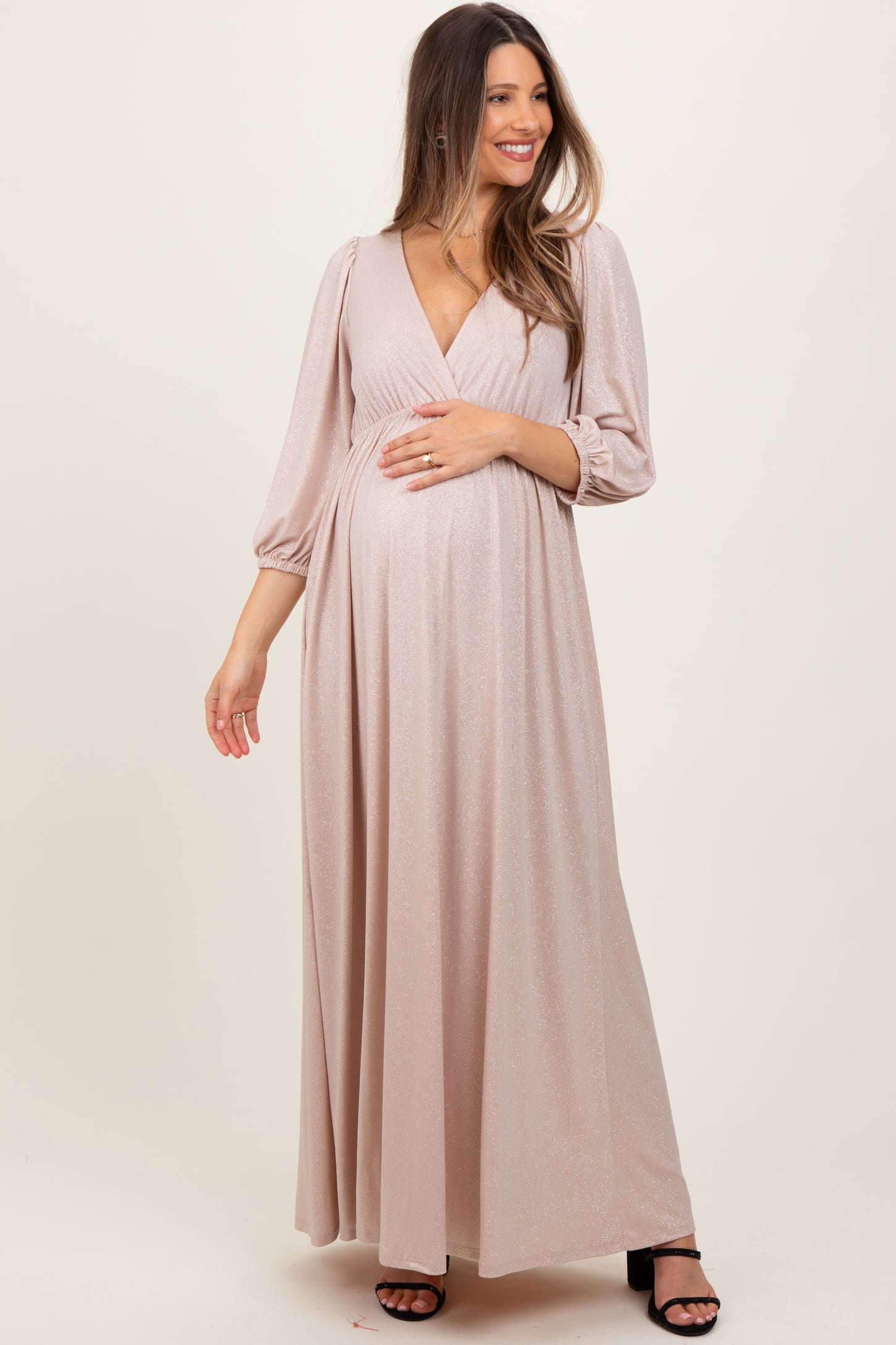 Beige Glitter V-Neck Maternity Maxi Dress PinkBlush Beige Glitter V-Neck Maternity Maxi Dress PinkBlush