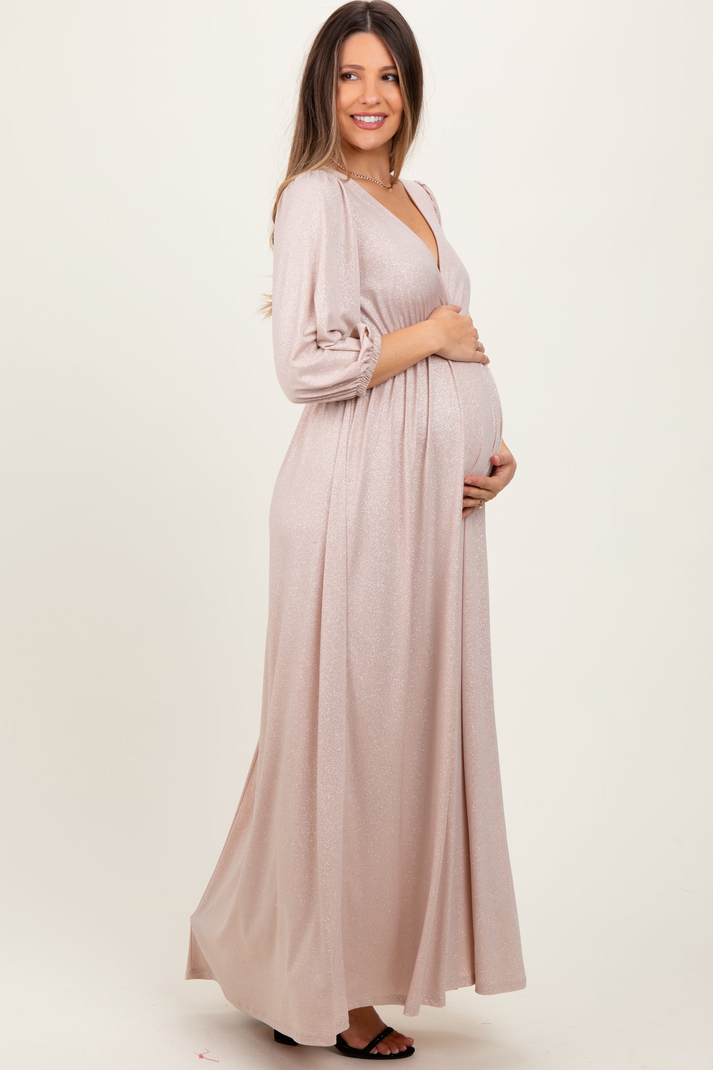 Beige Glitter V-Neck Maternity Maxi Dress PinkBlush Beige Glitter V-Neck Maternity Maxi Dress PinkBlush
