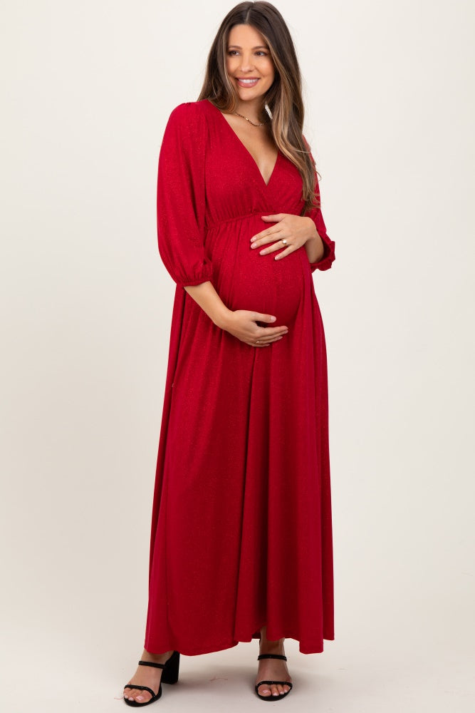 Red Glitter V-Neck Maternity Maxi Dress Red Glitter V-Neck Maternity Maxi Dress