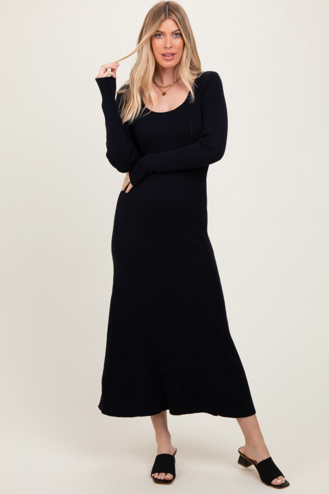 Black Ribbed Knit Maxi Sweater Dress
