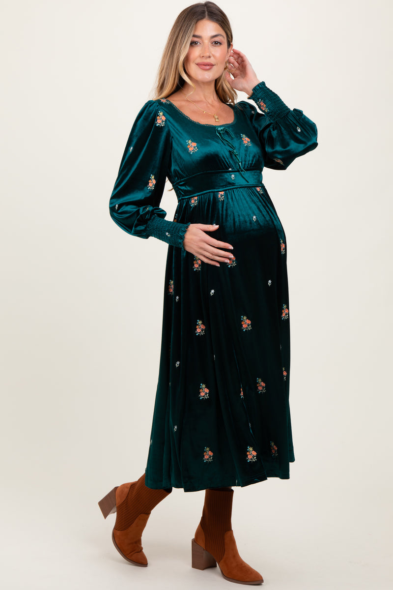 Deep Teal Velvet Embroidered Floral Maternity Midi Dress– PinkBlush