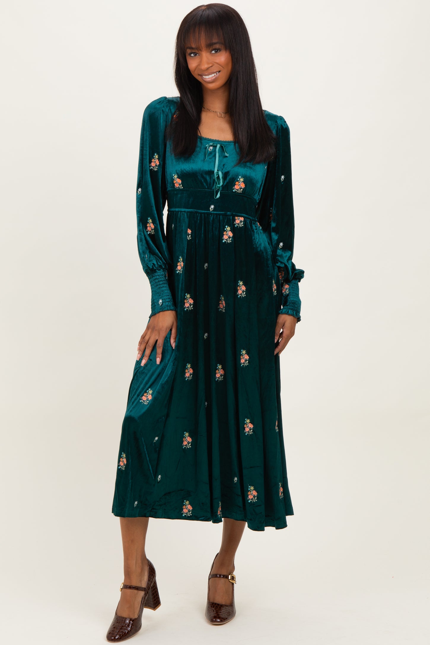 Deep Teal Velvet Embroidered Floral Midi Dress