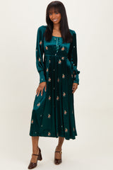 Deep Teal Velvet Embroidered Floral Maternity Midi Dress