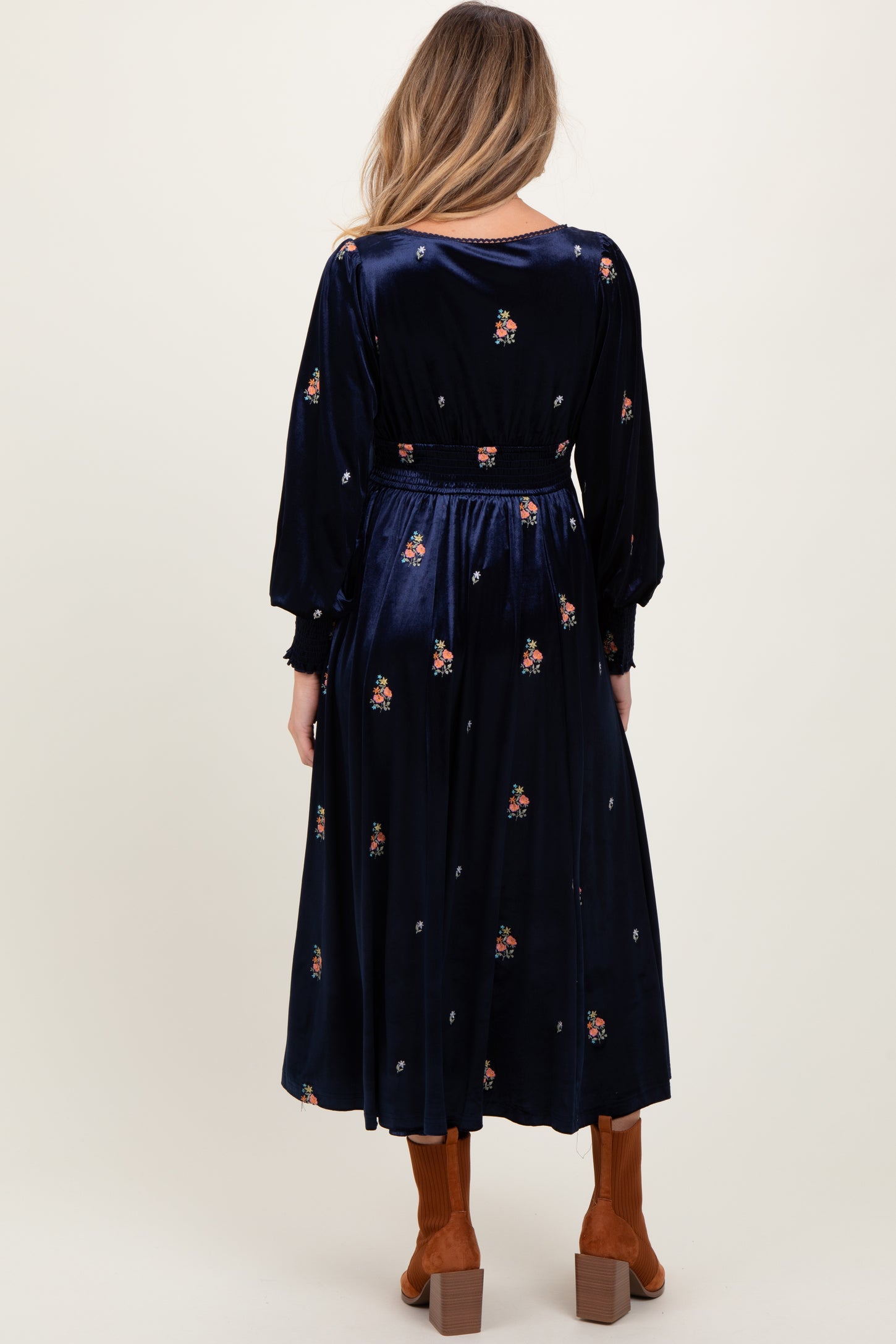 Navy Velvet Embroidered Floral Maternity Midi Dress Navy Velvet Embroidered Floral Maternity Midi Dress