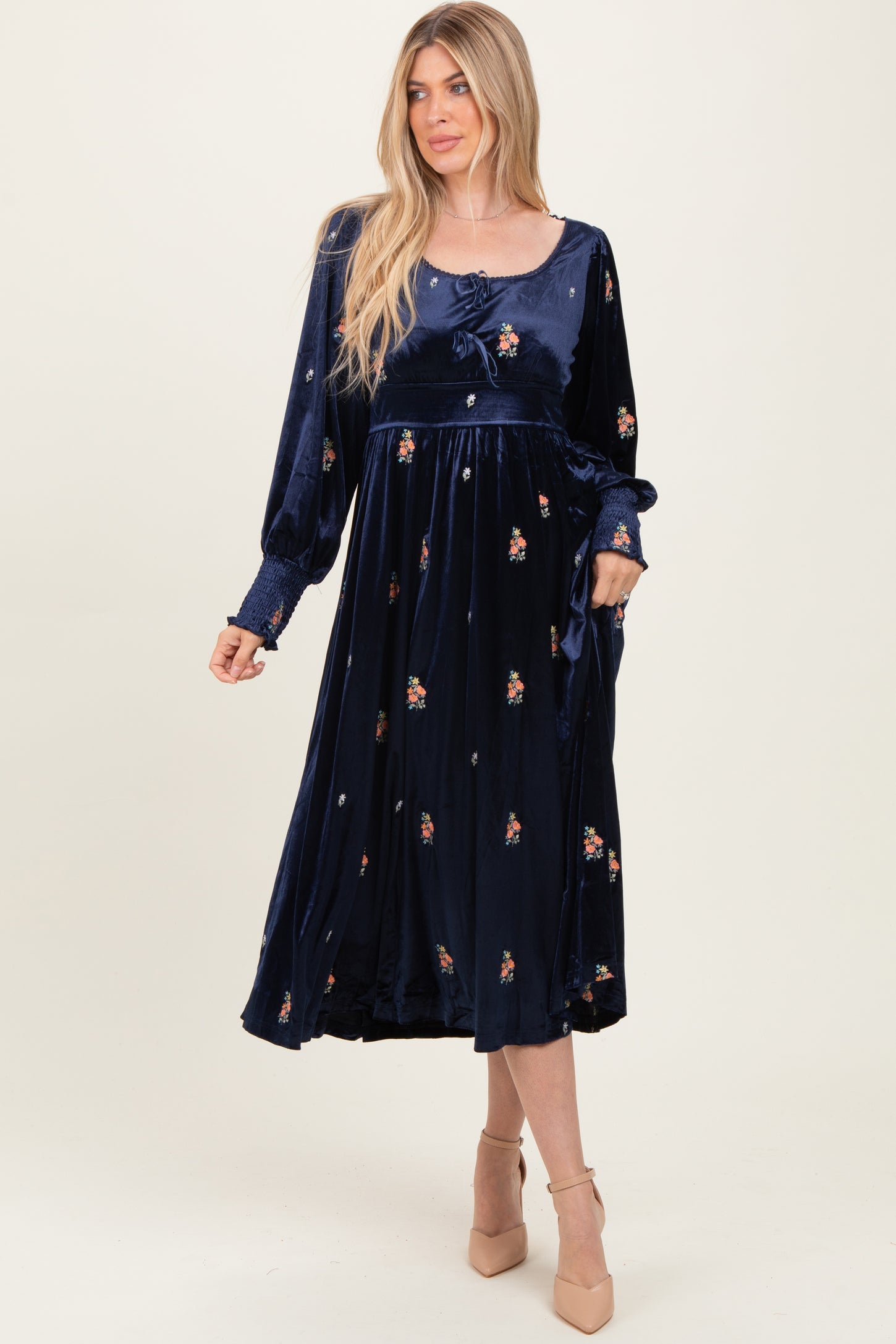 Navy Velvet Embroidered Floral Midi Dress Navy Velvet Embroidered Floral Midi Dress