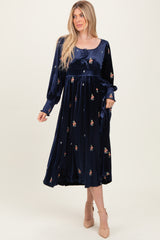 Navy Velvet Embroidered Floral Maternity Midi Dress