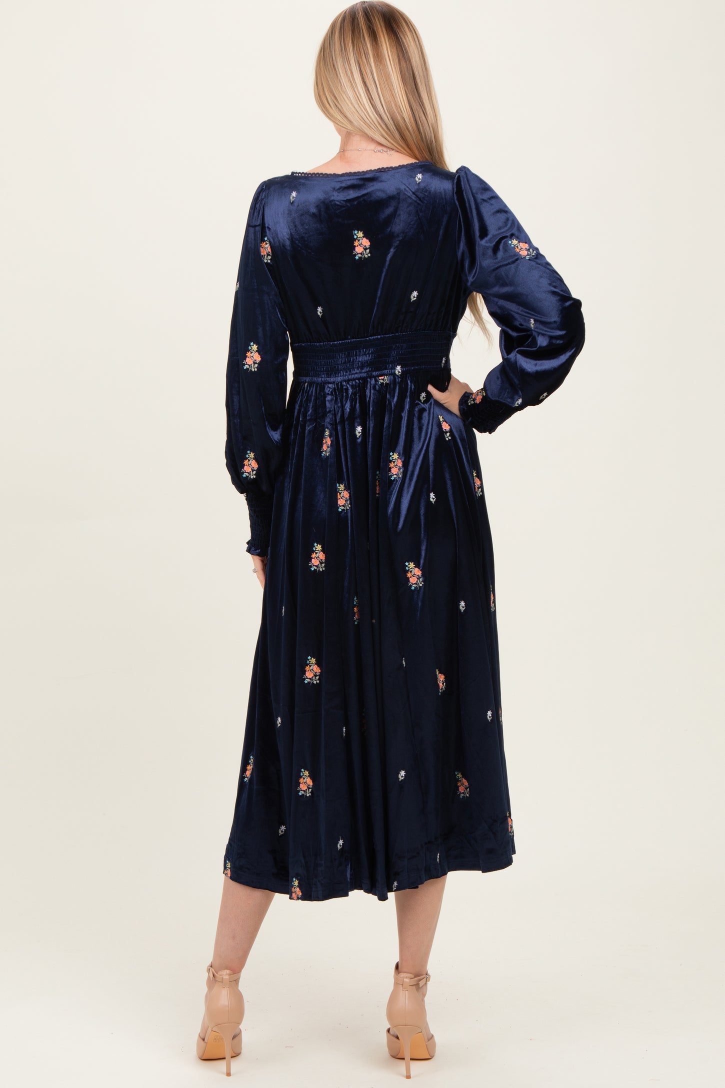 Navy Velvet Embroidered Floral Midi Dress Navy Velvet Embroidered Floral Midi Dress