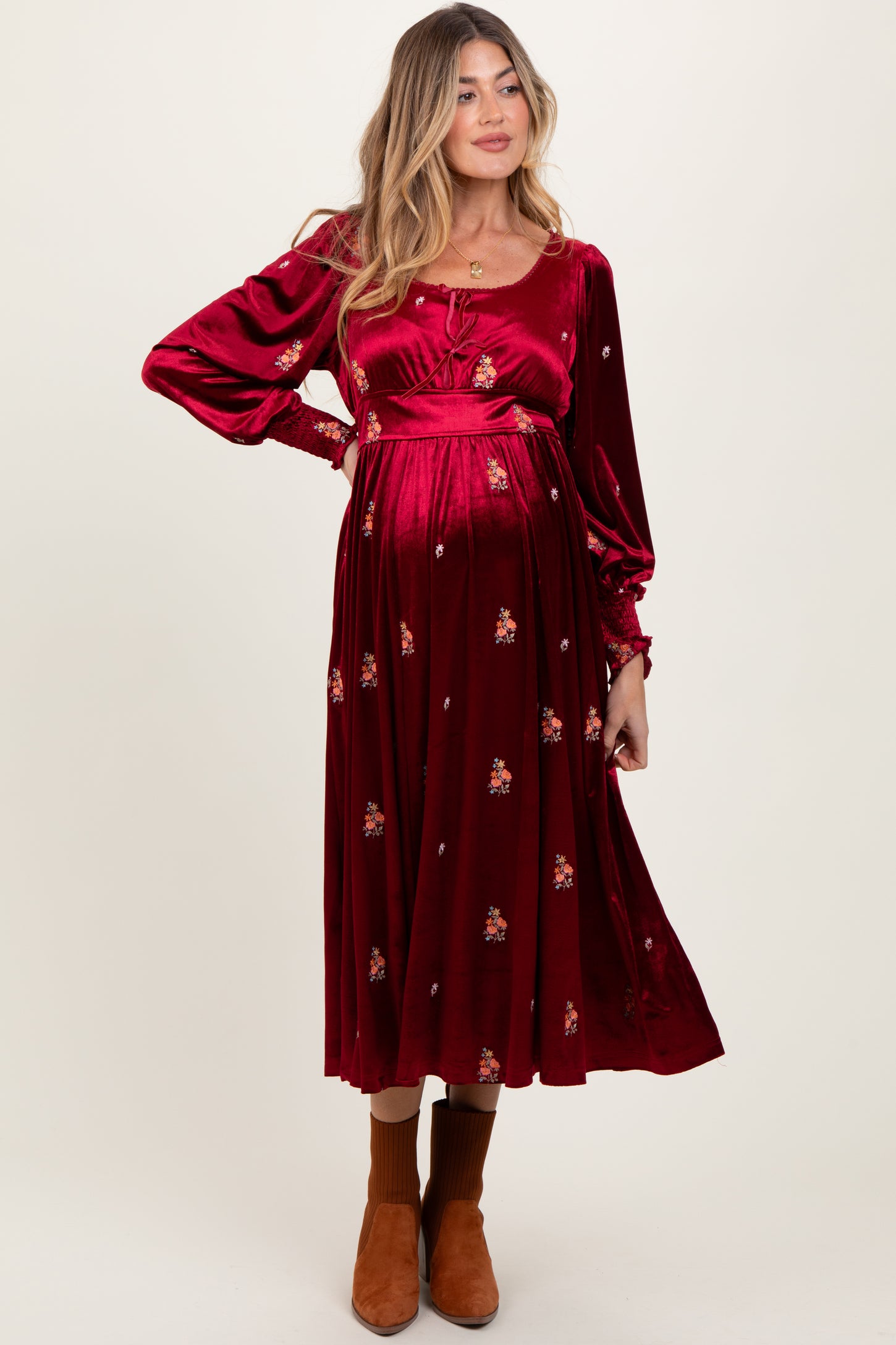Red Velvet Embroidered Floral Maternity Midi Dress PinkBlush Red Velvet Embroidered Floral Maternity Midi Dress PinkBlush