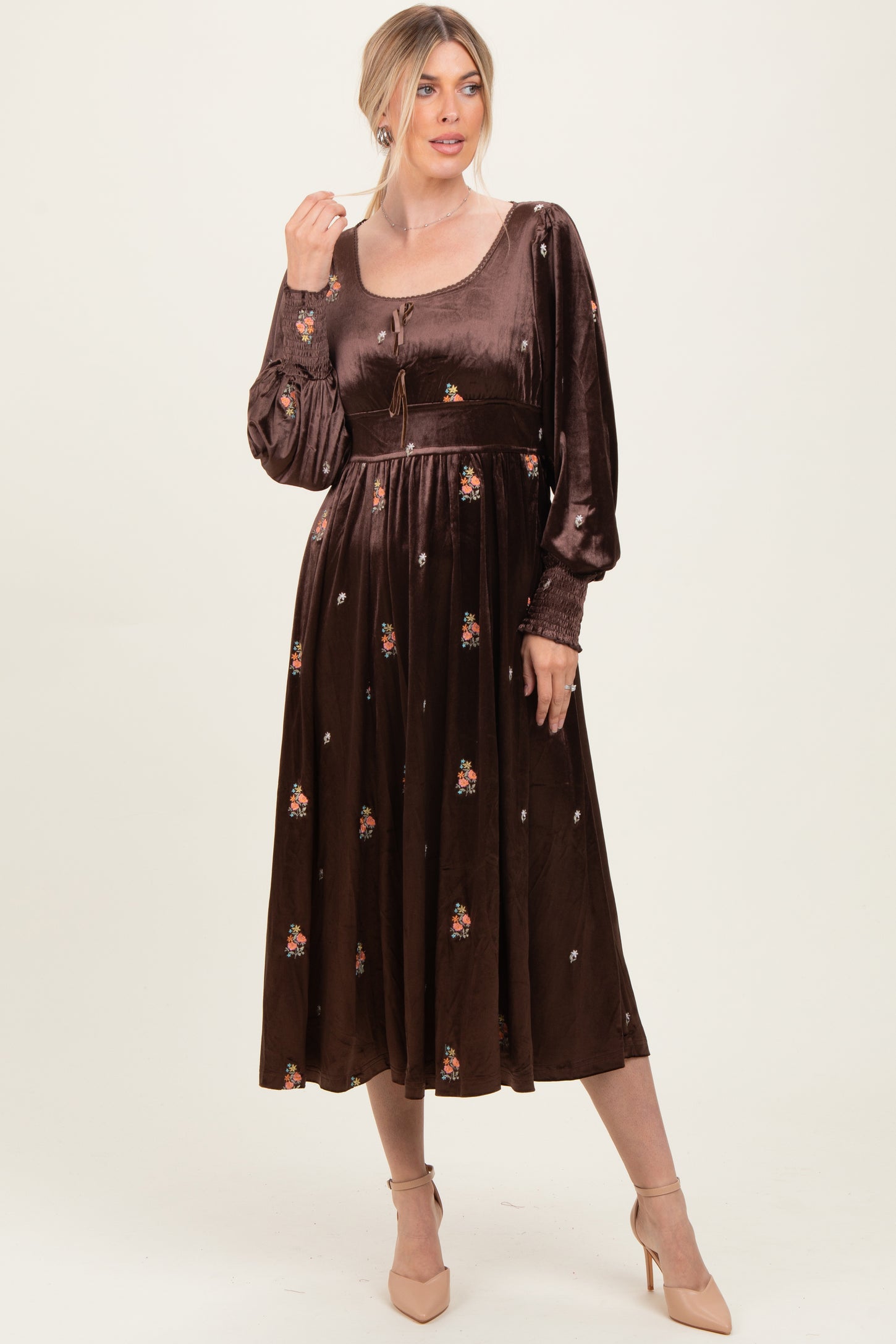Brown Velvet Embroidered Floral Midi Dress