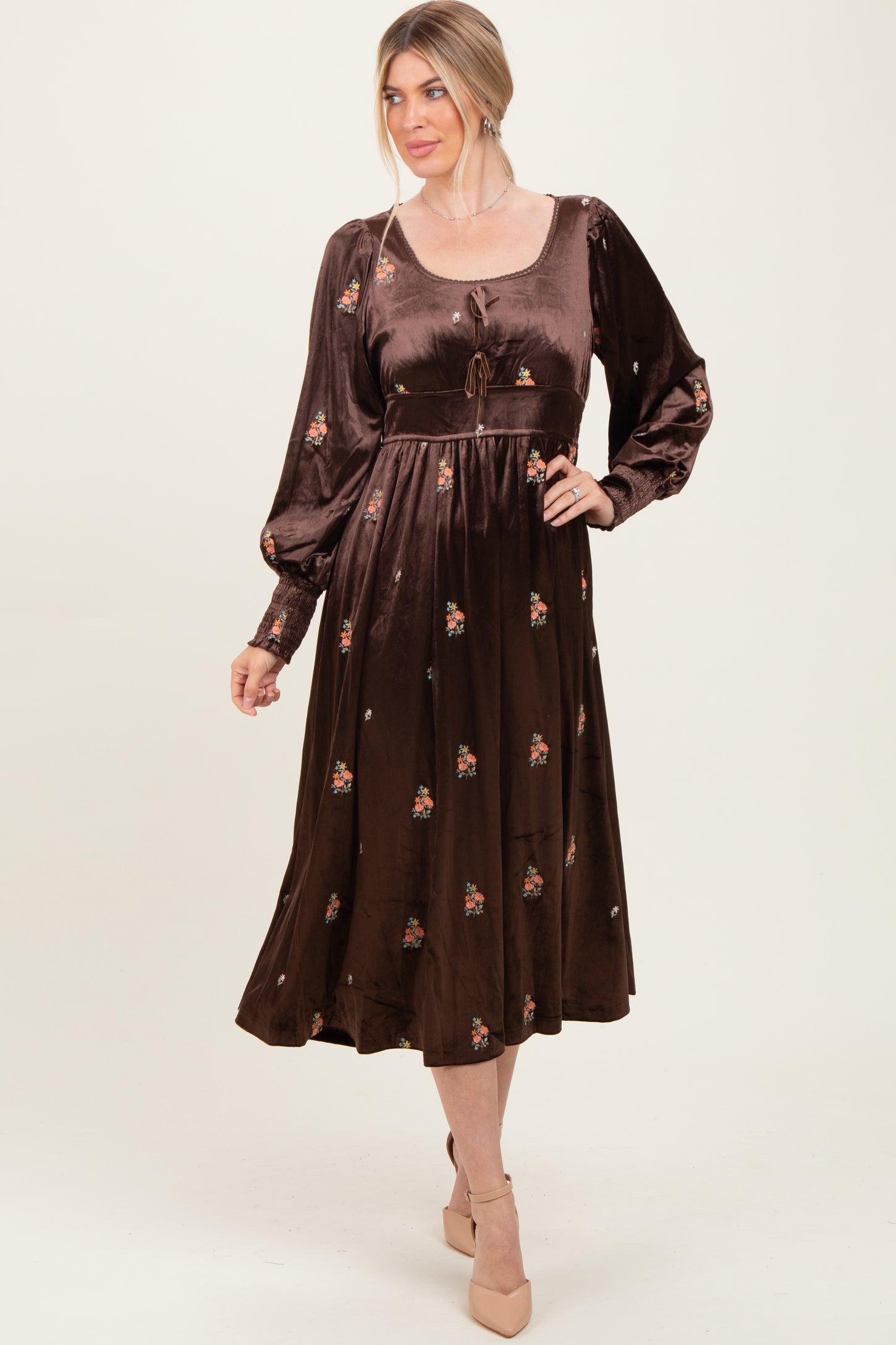 Brown Velvet Embroidered Floral Maternity Midi Dress