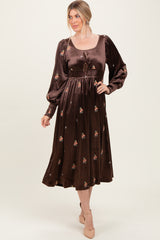 Brown Velvet Embroidered Floral Maternity Midi Dress
