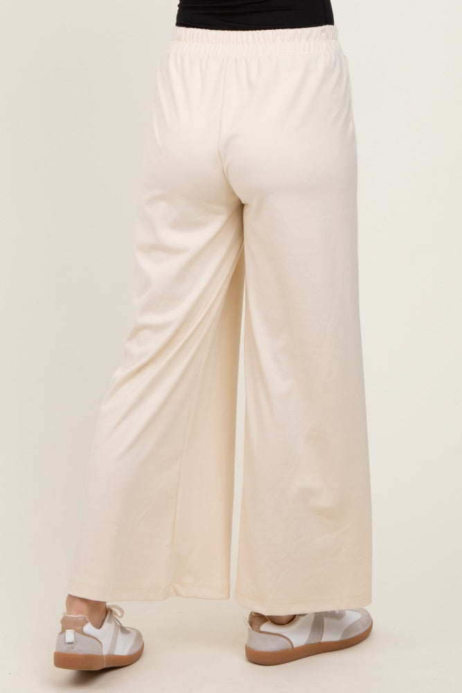 Cream Brushed Knit Wide Leg Pants