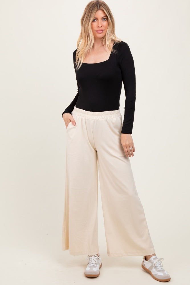 Cream Brushed Knit Wide Leg Maternity Pants