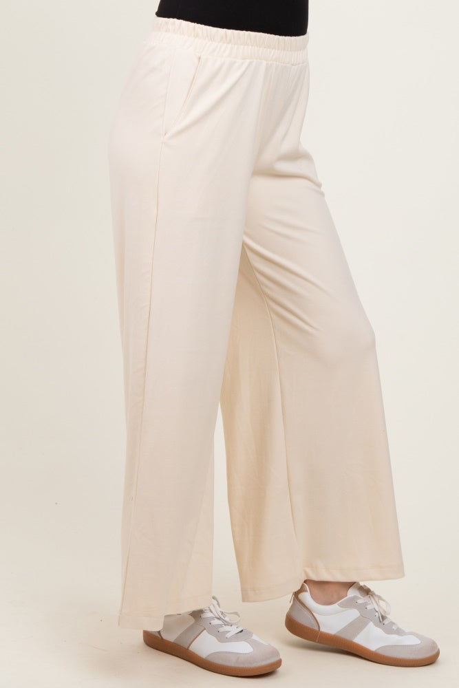 Cream Brushed Knit Wide Leg Pants