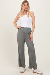 Olive Ribbed Smocked Waistband Wide Leg Pants