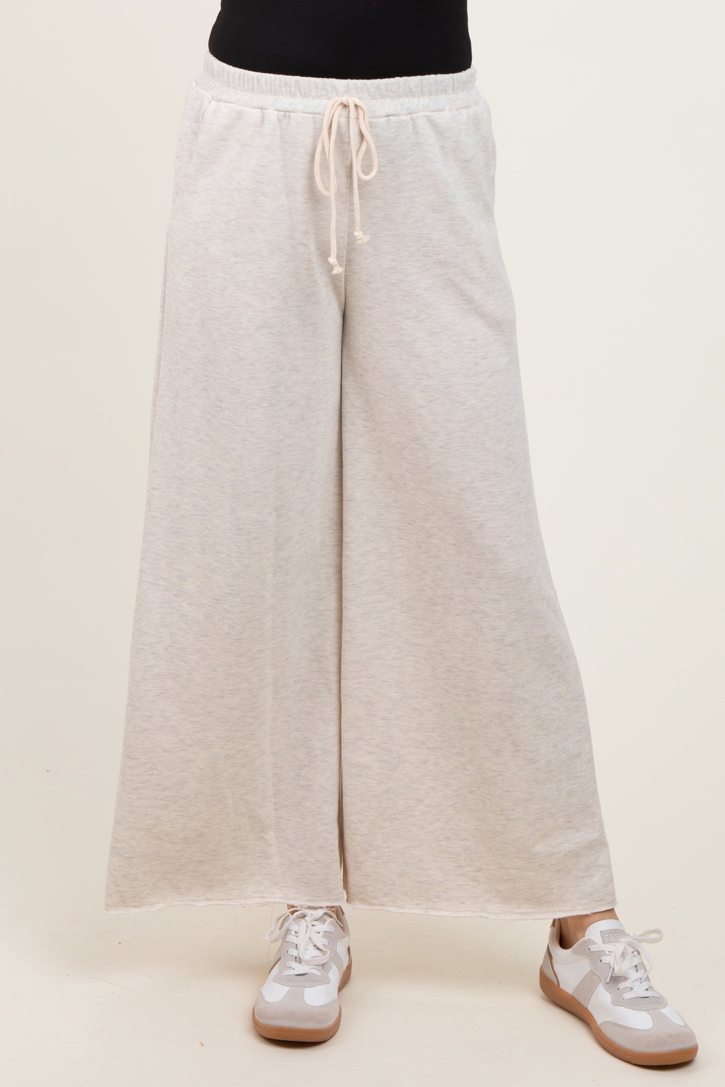 Beige French Terry Raw Edge Wide Leg Pants