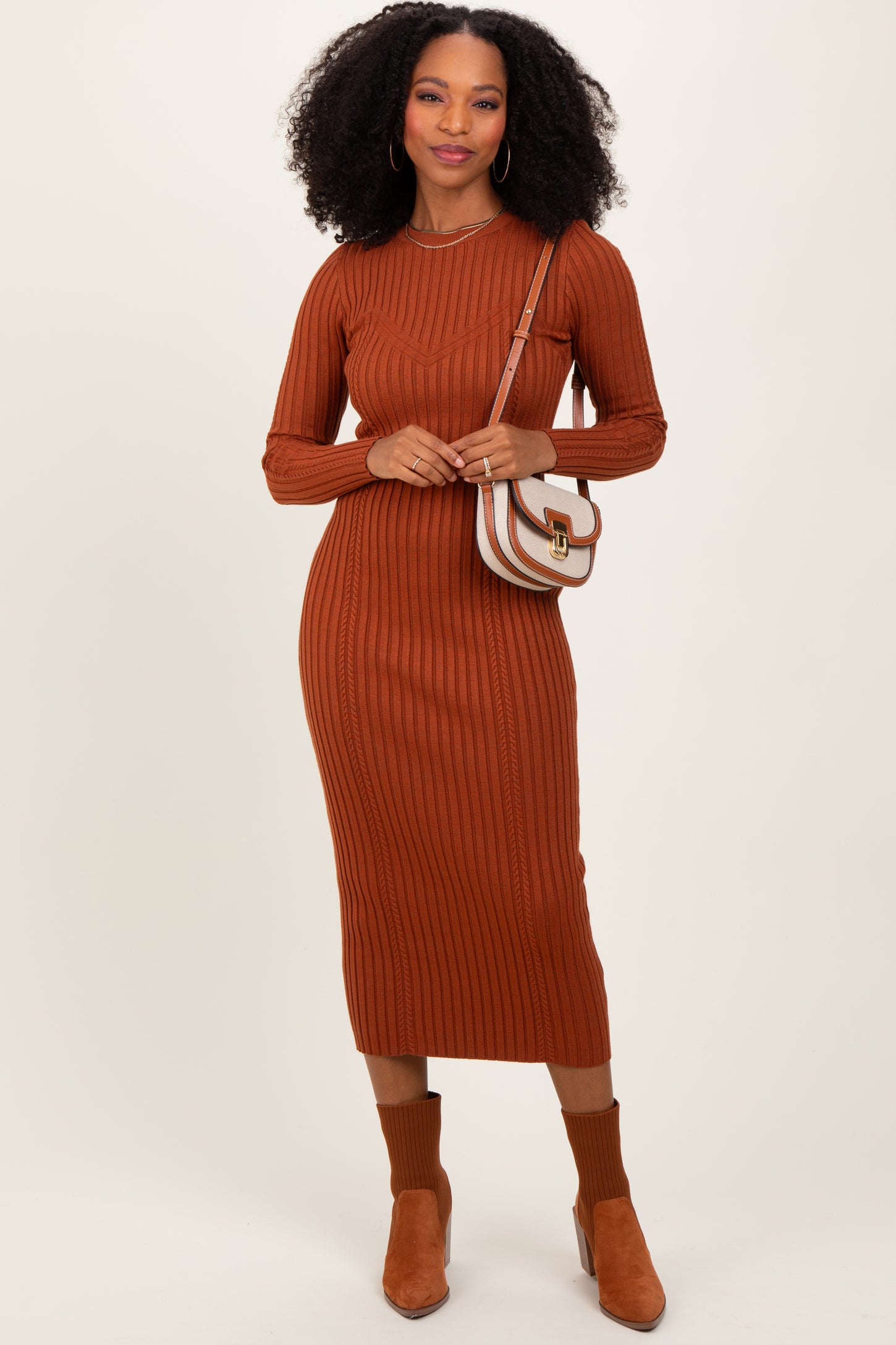 rust ribbed midi dress Megan Ribbed Midi Dress - Rust