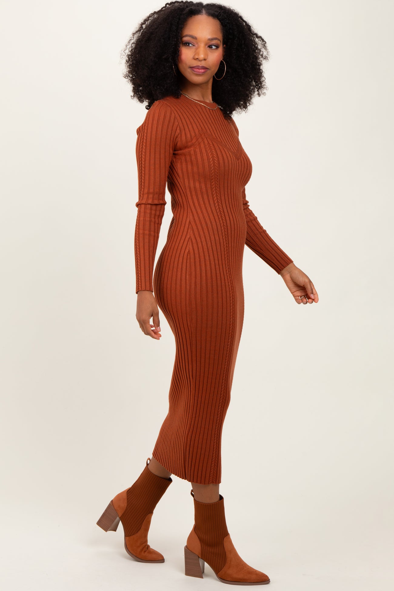 Rust Contrast Ribbed Knit Midi Dress PinkBlush Rust Contrast Ribbed Knit Midi Dress PinkBlush