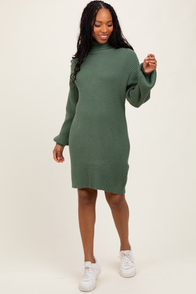 Olive Turtleneck Ribbed Maternity Sweater Dress