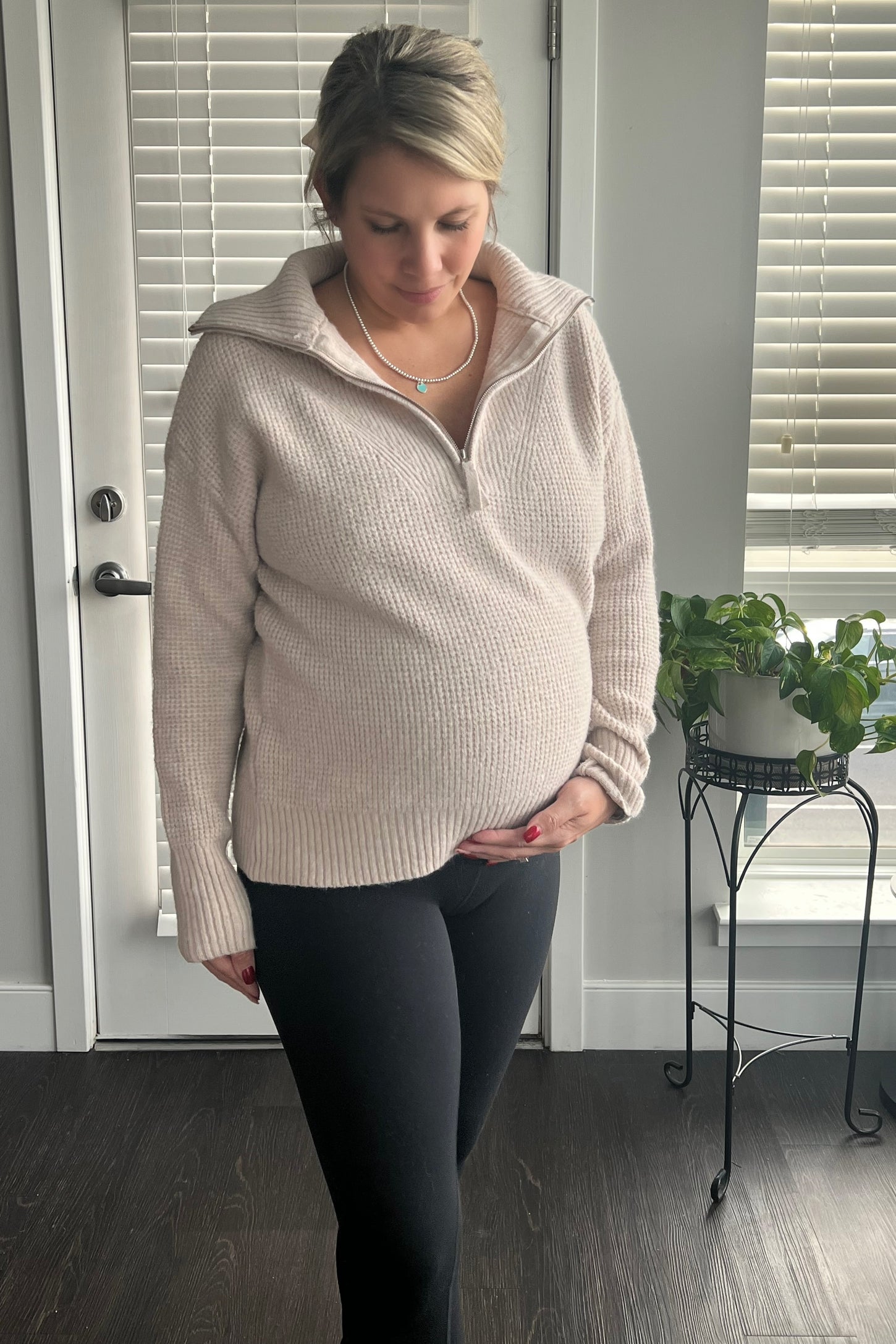 Beige Half Zip Maternity Pullover Sweater