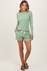 Green Striped Ribbed Long Sleeve Top Drawstring Short Set