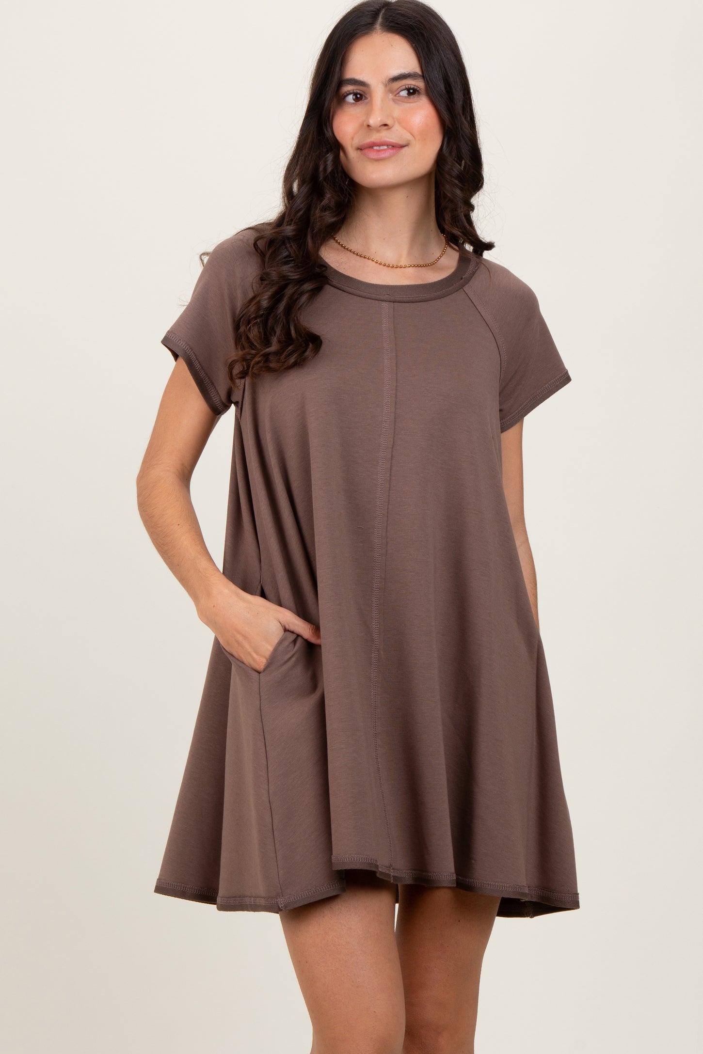 Brown French Terry Basic Short Sleeve Mini Dress PinkBlush Brown French Terry Basic Short Sleeve Mini Dress PinkBlush