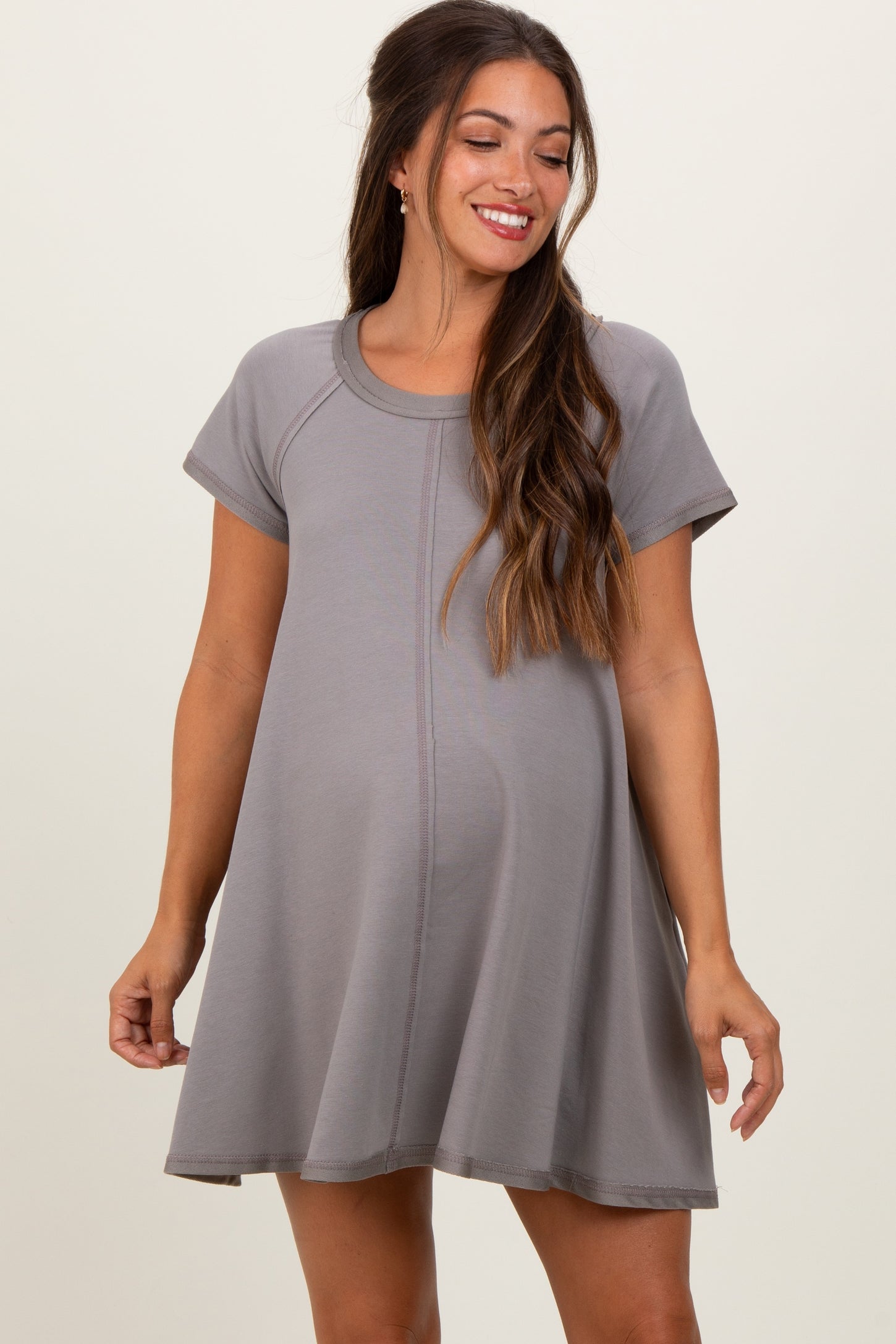 french grey maternity dress Mocha French Terry Basic Short Sleeve Maternity Mini Dress