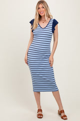 Light Blue Striped Ribbed Ruffle Sleeve Open Back Maternity Midi Dress