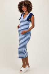 Light Blue Striped Ribbed Ruffle Sleeve Open Back Maternity Midi Dress