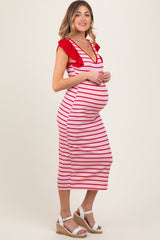 Light Pink Striped Ribbed Ruffle Sleeve Open Back Maternity Midi Dress