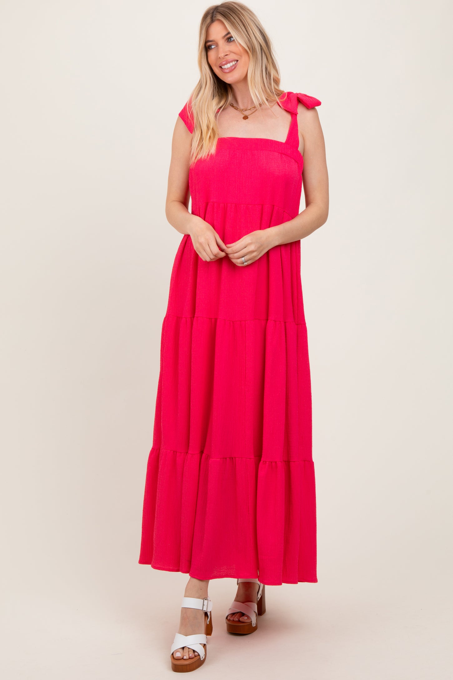 Fuchsia Shoulder Tie Tiered Maxi Dress