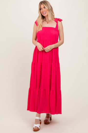 Fuchsia Shoulder Tie Tiered Maxi Dress