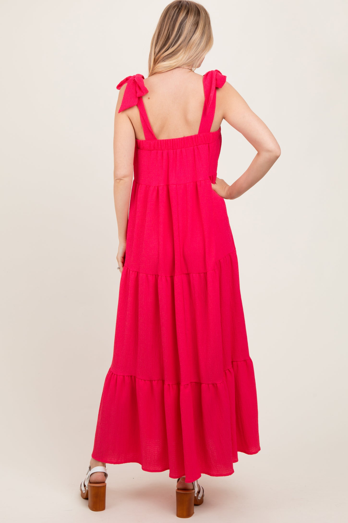 Fuchsia Shoulder Tie Tiered Maxi Dress