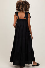 Black Shoulder Tie Tiered Maternity Maxi Dress