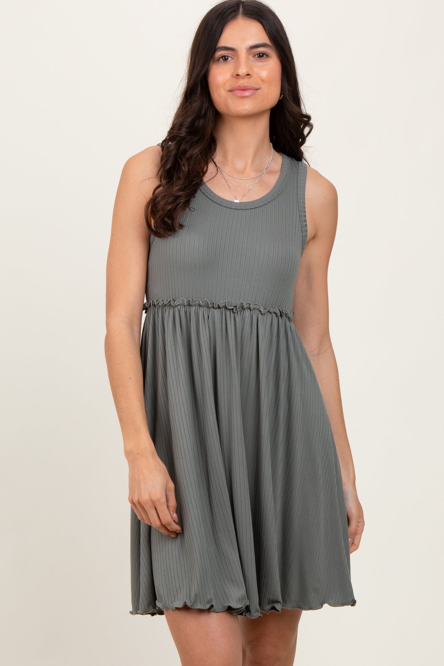 Olive Ribbed Sleeveless Lettuce Trim Mini Dress