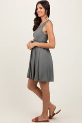 Olive Ribbed Sleeveless Lettuce Trim Mini Dress
