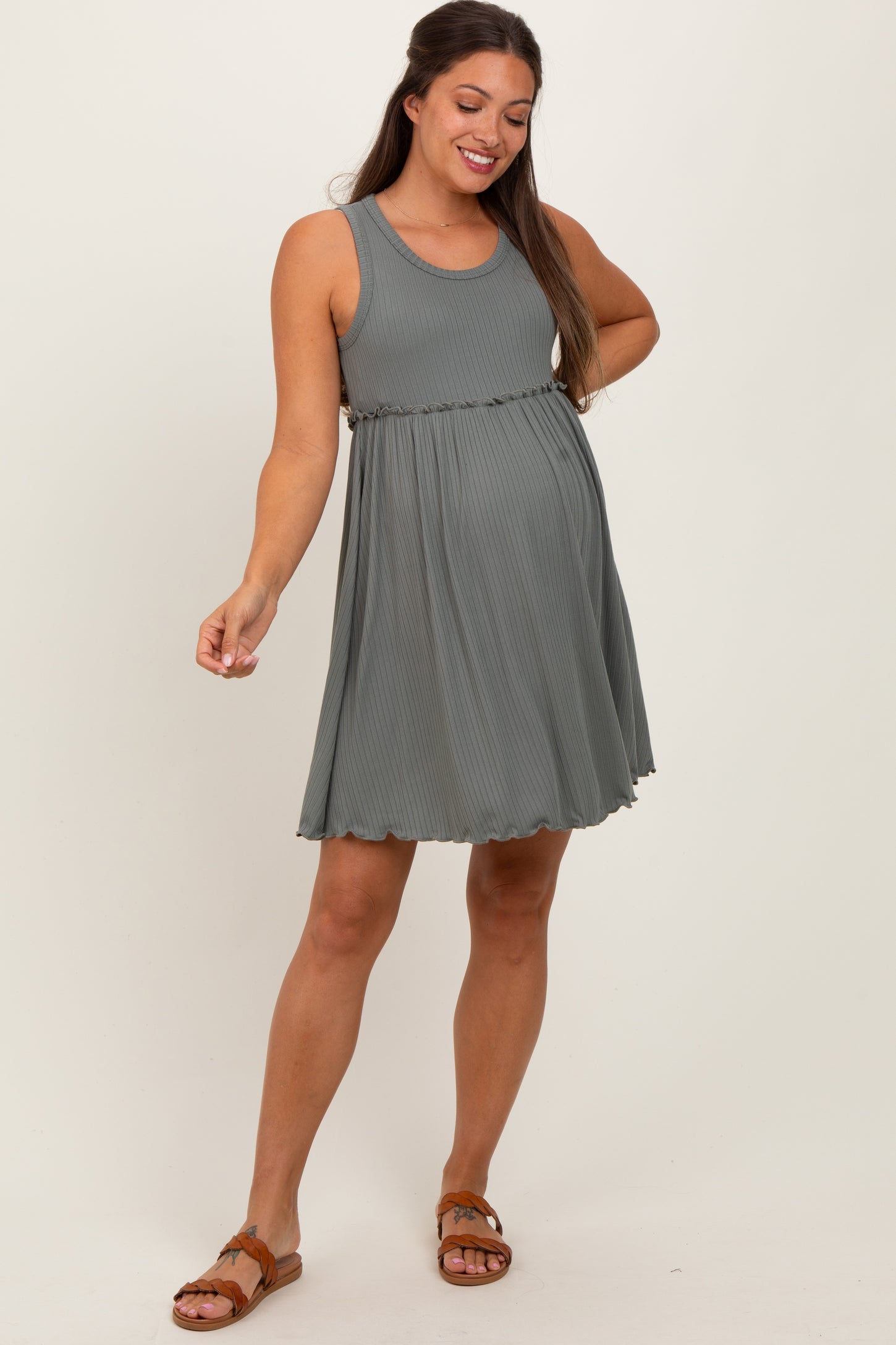 Olive Ribbed Sleeveless Lettuce Trim Maternity Mini Dress