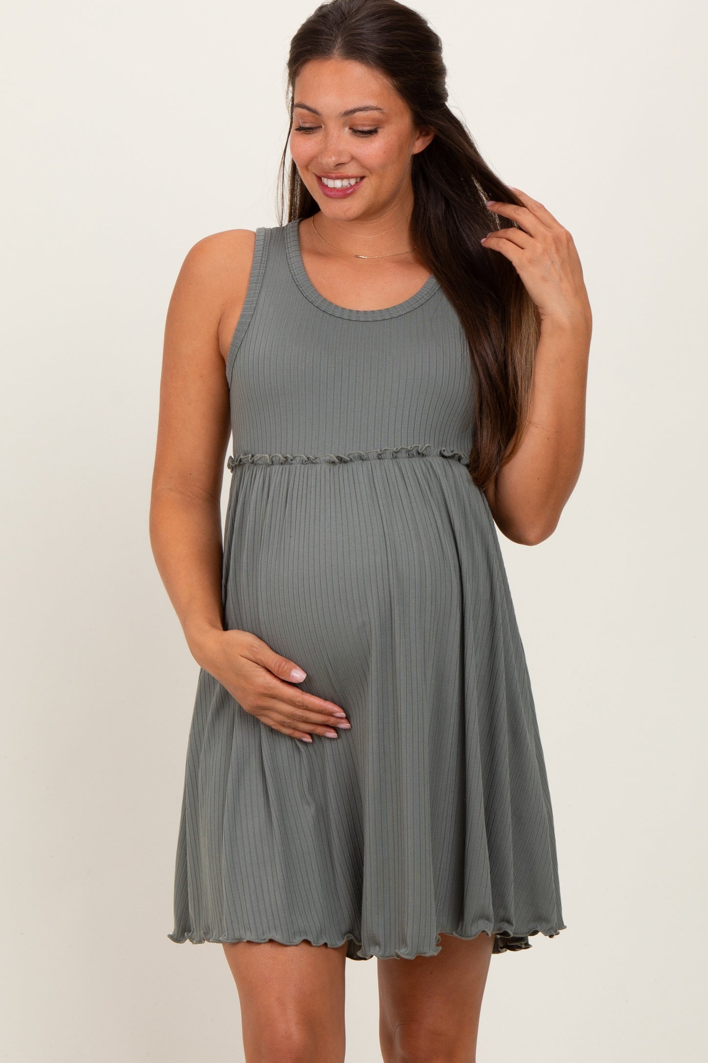 Olive Ribbed Sleeveless Lettuce Trim Maternity Mini Dress