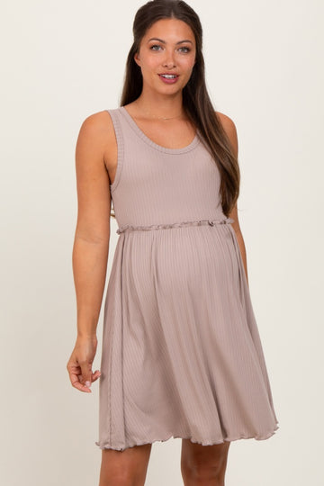 Taupe Ribbed Sleeveless Lettuce Trim Maternity Mini Dress