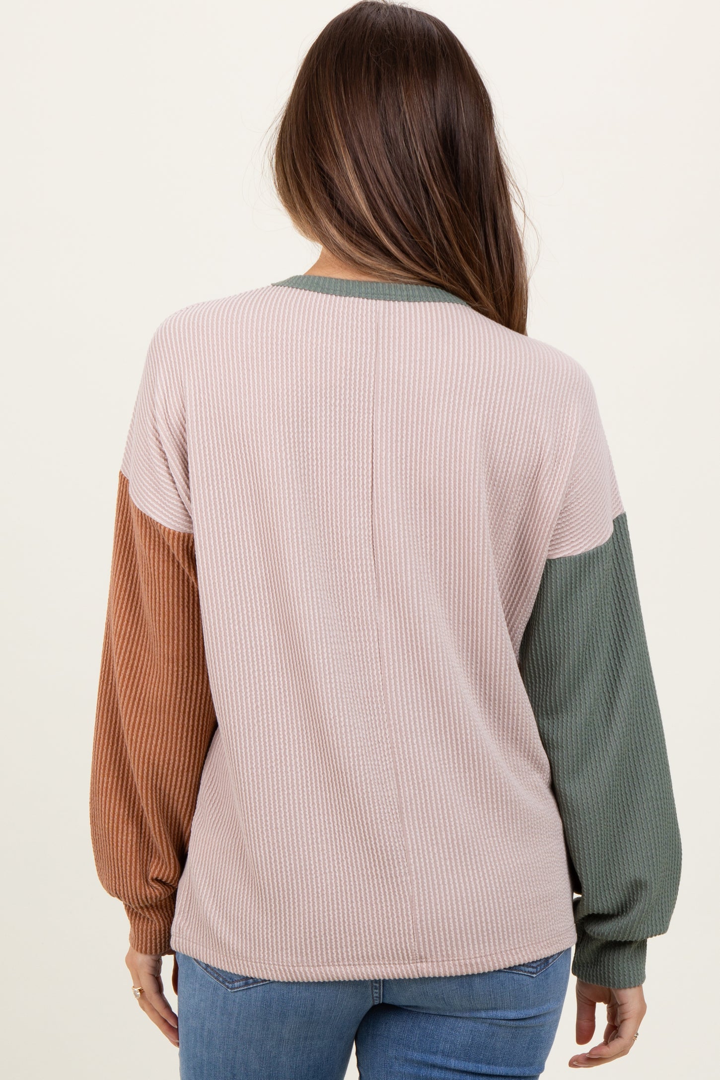 Beige Ribbed Colorblock Sleeve Maternity Long Sleeve Top