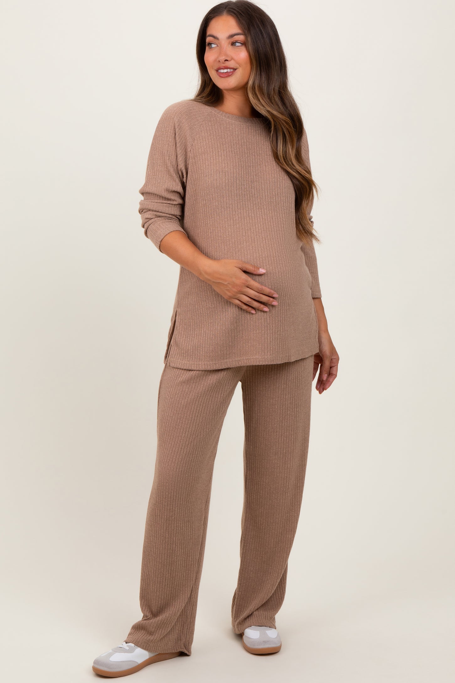 Mocha Ribbed Brushed Knit Long Sleeve Pant Maternity Set