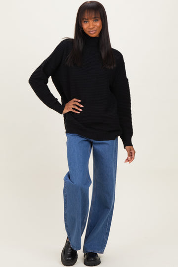 Black Ribbed Knit Turtleneck Dolman Sleeve Sweater