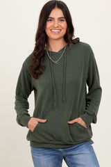 Olive Ribbed Basic Drawstring Hoodie