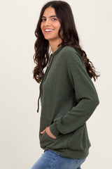 Olive Ribbed Basic Drawstring Hoodie