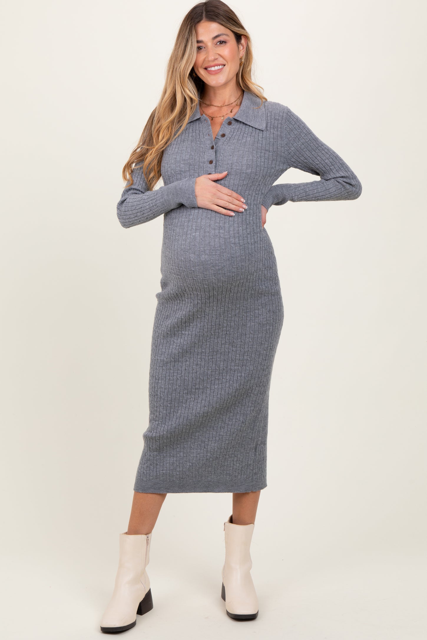 Heather Grey Cable Knit Button Up Maternity Midi Dress Heather Grey Cable Knit Button Up Maternity Midi Dress