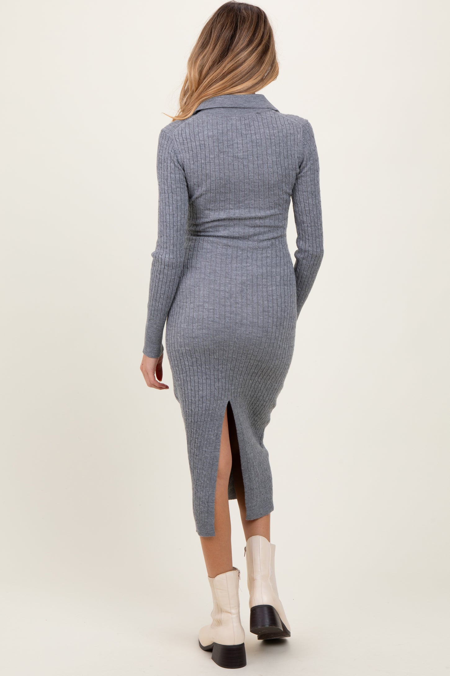 Heather Grey Cable Knit Button Up Maternity Midi Dress Heather Grey Cable Knit Button Up Maternity Midi Dress